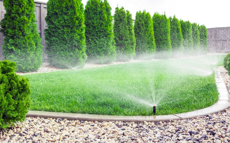 A healthy, green lawn being watered by a new sprinkler system installed by Hot Shot Sprinkler Repair & Landscape.