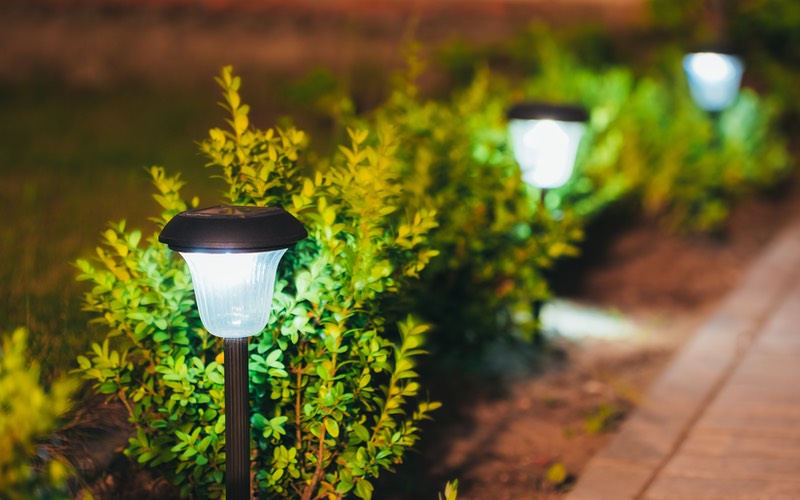 Little lights by bushes lighting a pathway, call Hot Shot Sprinkler Repair & Landscape today.